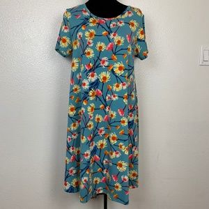 Lularoe Carly Floral Pattern Pink Teal Blue Dress